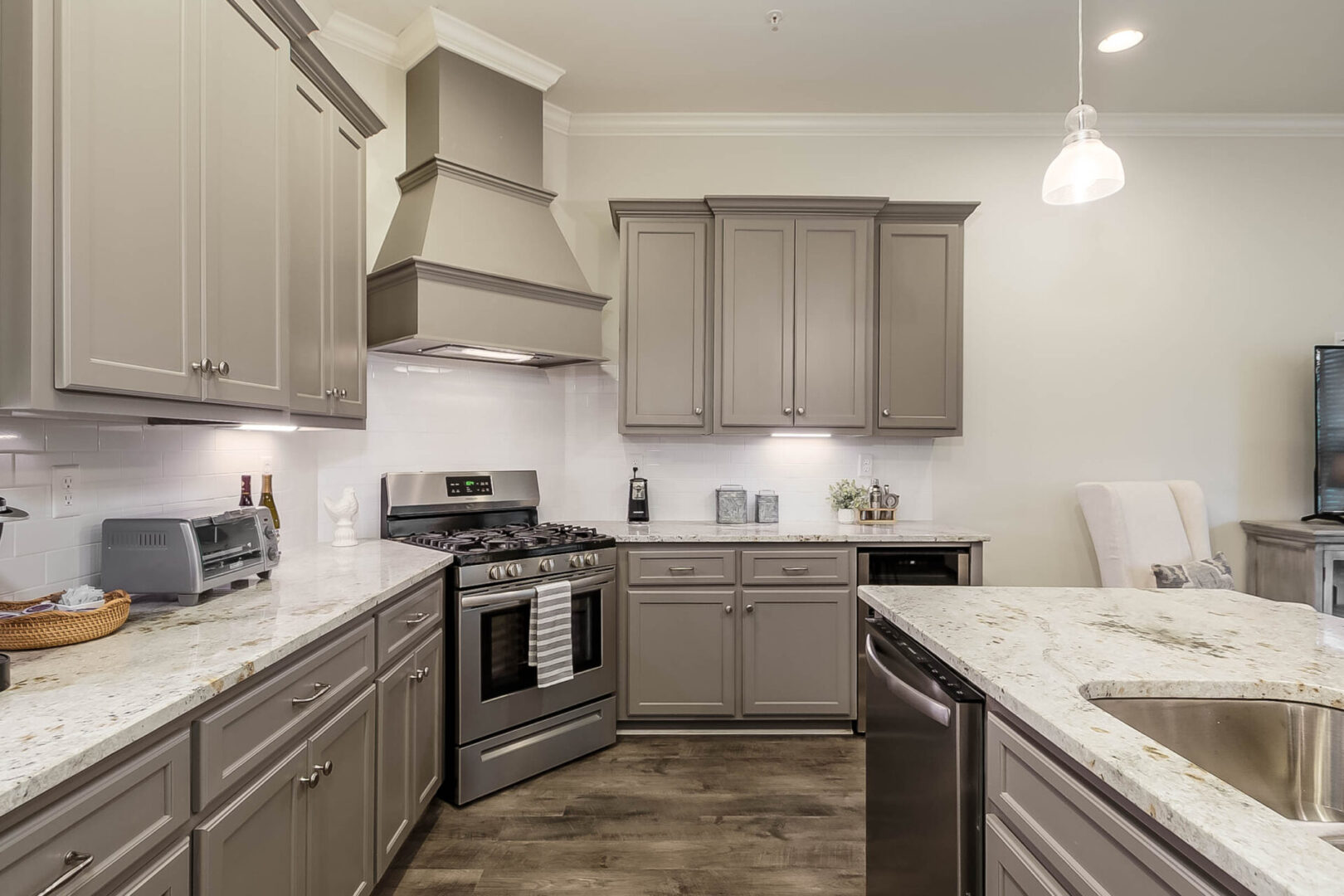 A kitchen area of a townhome