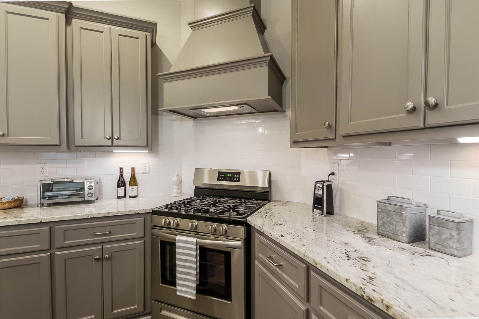 A stove in the corner of a kitchen